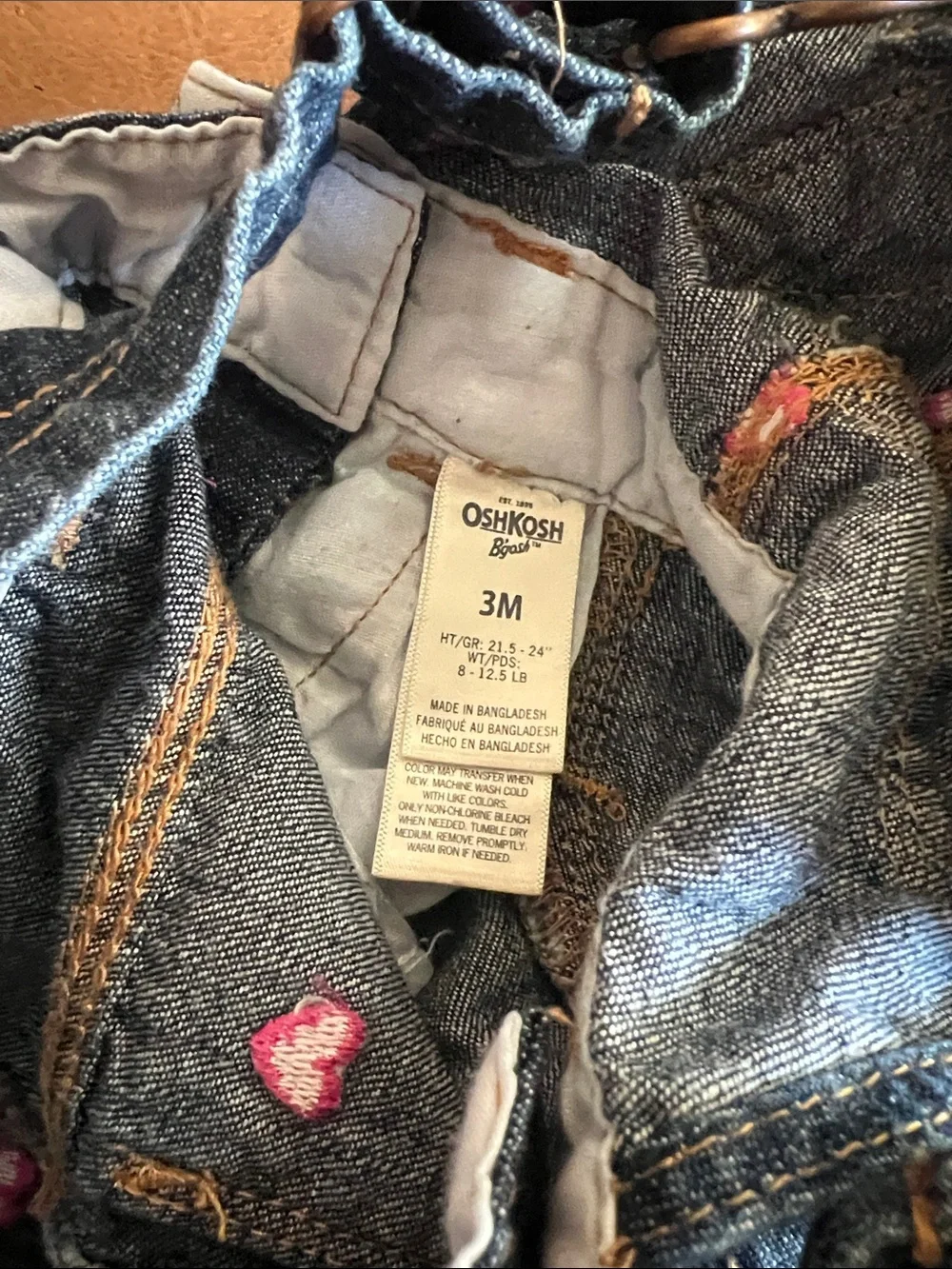 OshKosh B'gosh Dark Blue Denim Overalls with Pink Heart Accents sz 3M